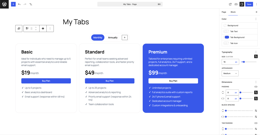 Responsive tabs block WordPress
